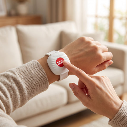 Finger pressing the red SOS button on the white HomePal wristband