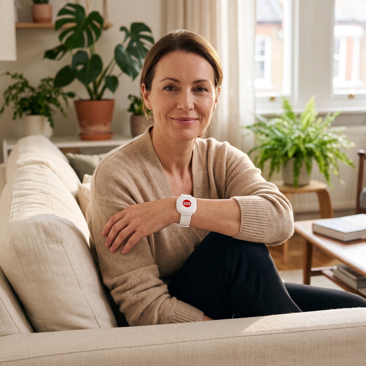 Woman on the sofa wearing the HomePal wristband