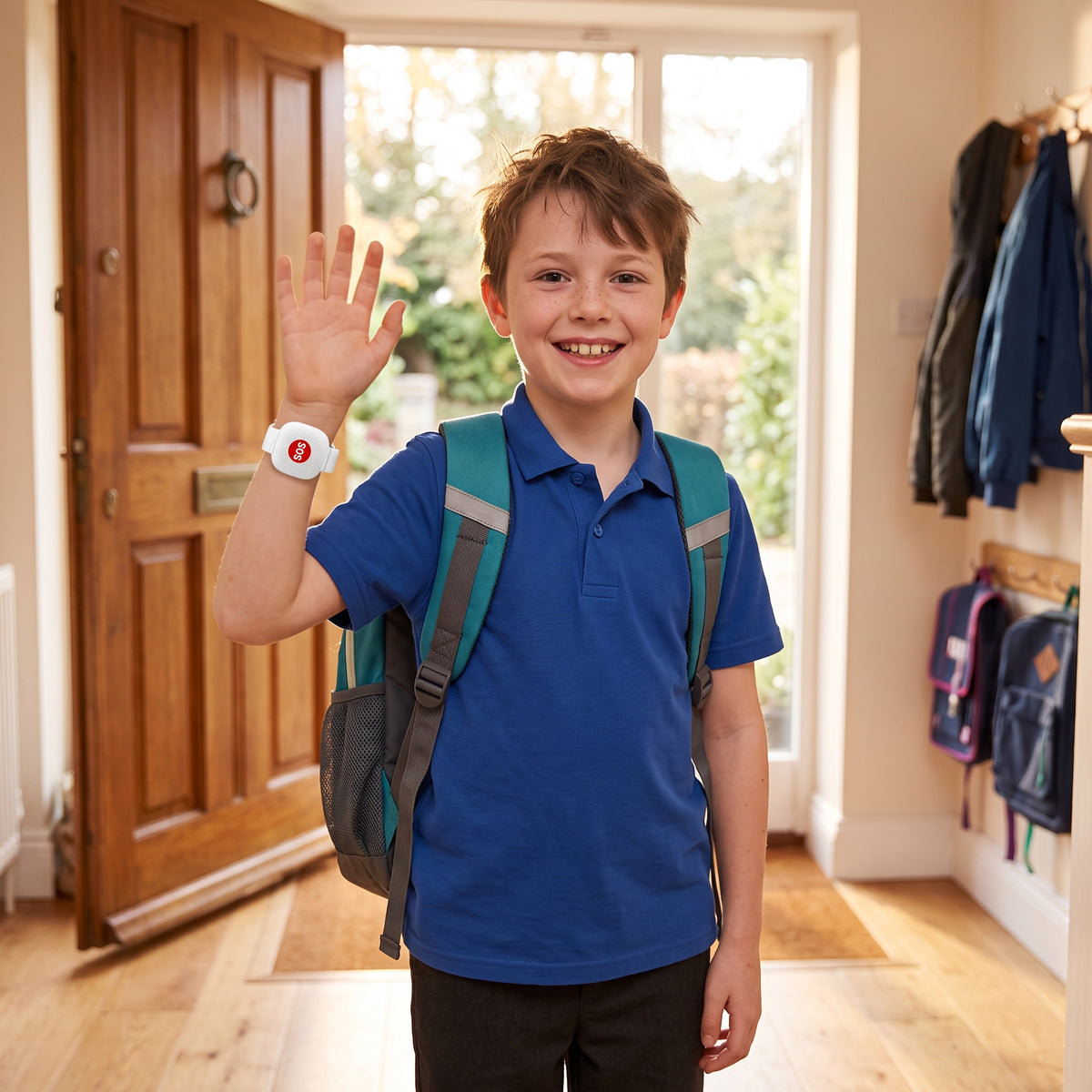 Child home from school waving, wearing the HomePal wristband