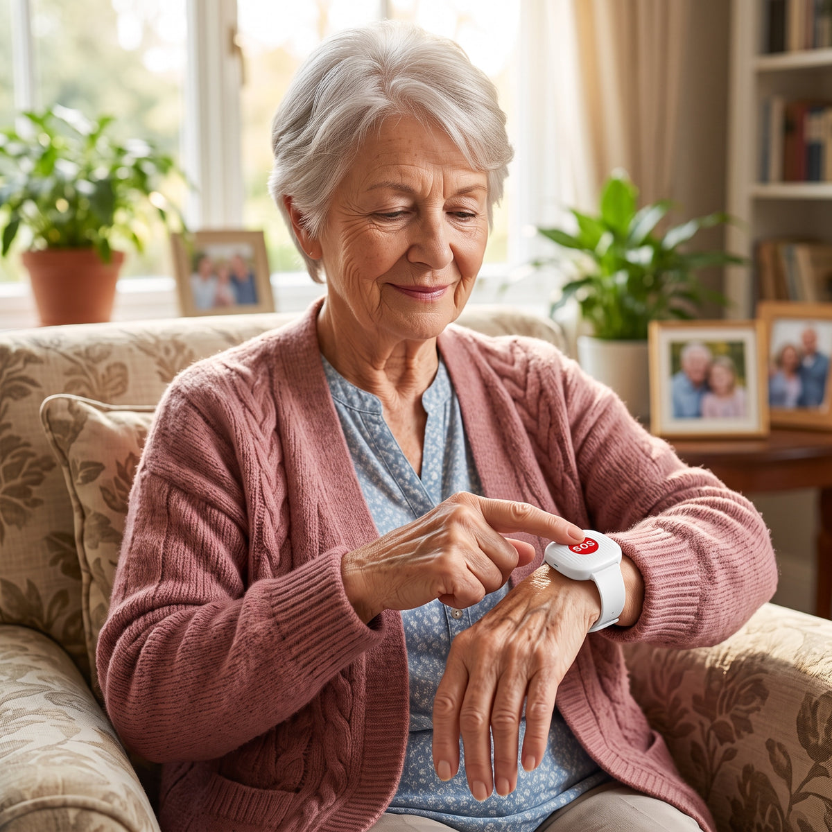 Grandmother in her armchair pressing the red SOS button on her HomePal wristband