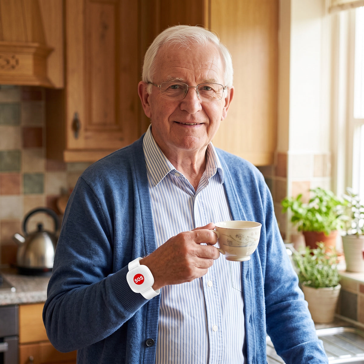Grandfather in his kitchen wearing the HomePal wristband